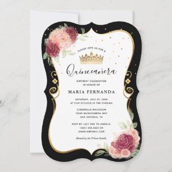 elegant black and gold pink floral quinceanera invitation