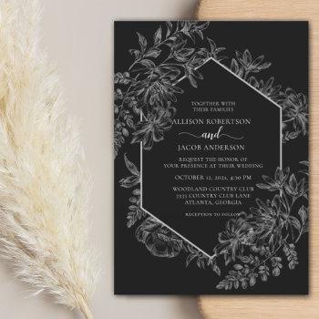 elegant black and white geometric floral wedding invitation