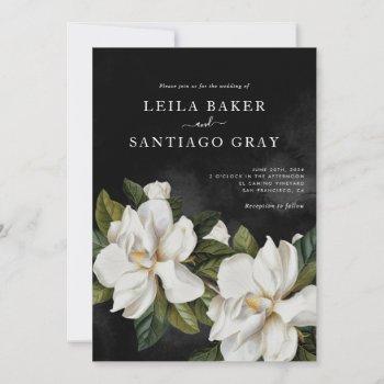 elegant black and white magnolia wedding invite 