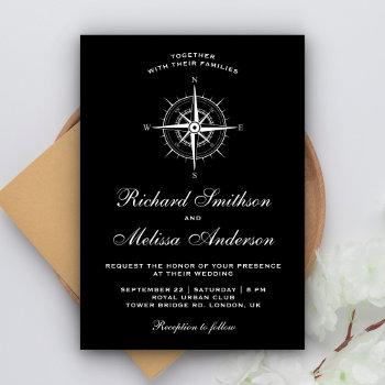 elegant black and white nautical compass wedding invitation