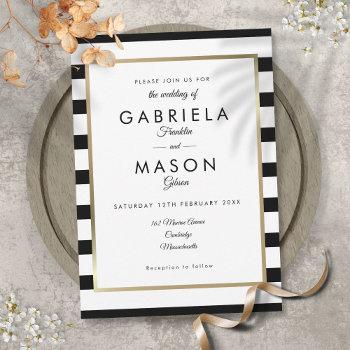 elegant black and white stripe gold border wedding invitation