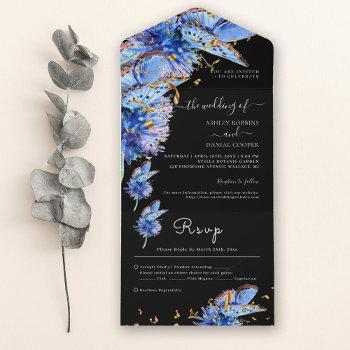 elegant black blue butterflies wedding all in one invitation