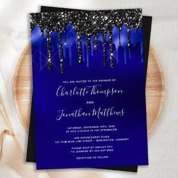elegant black blue glitter drips police wedding invitation
