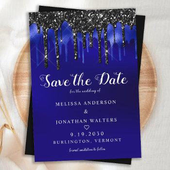 elegant black blue glitter drips wedding invitation