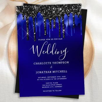 Small Elegant Black Blue Glitter Drips Wedding Front View