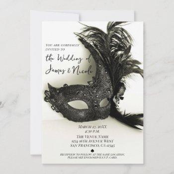 elegant black feather masquerade mask sage wedding invitation