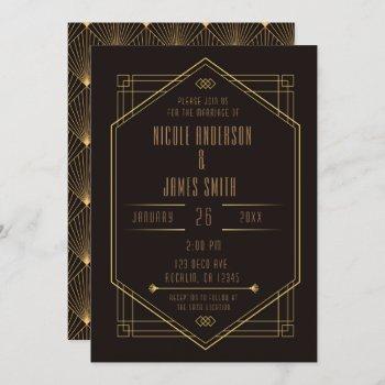 elegant black gold art deco wedding marriage invitation