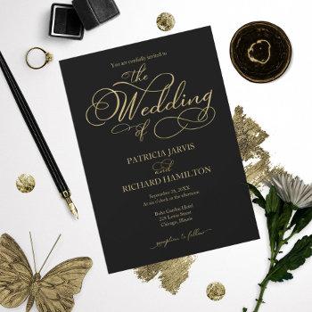 elegant black gold foil script wedding invitation