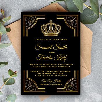elegant black gold ornate crown wedding invitation