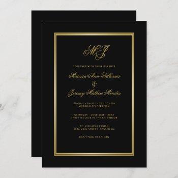 elegant black gold script monogram wedding invitation