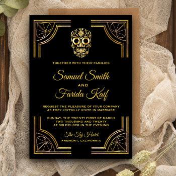 elegant black gold sugar skull wedding invitation