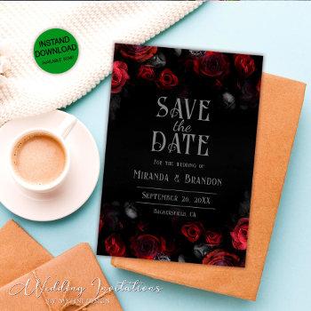 Small Elegant Black Red Rose Save The Date Front View