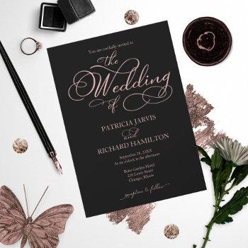 elegant black rose gold foil script wedding invitation
