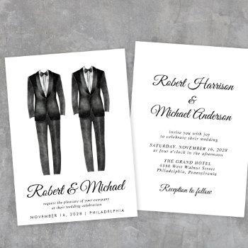 elegant black tuxedo watercolors gay wedding invitation