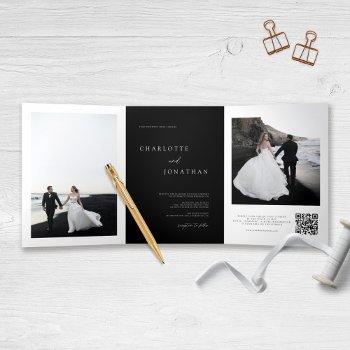 elegant black wedding rsvp details qr code photo tri-fold invitation