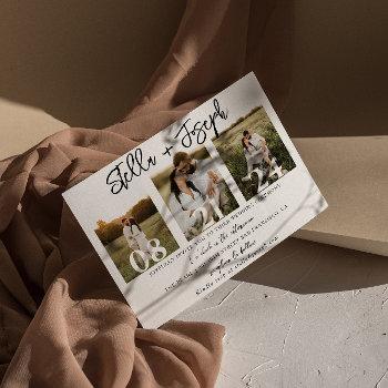 elegant black & white three photos collage wedding invitation