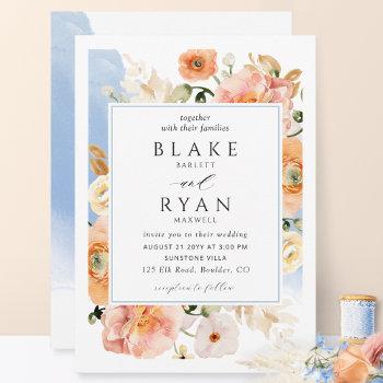 elegant blue and peach botanical wedding invitation