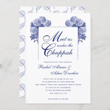 elegant blue chuppah vintage floral jewish wedding invitation