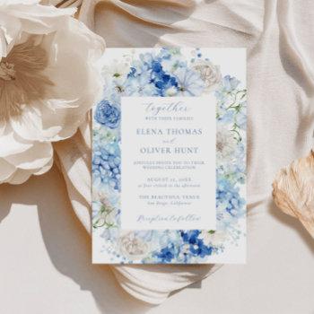 elegant blue floral frame wedding invitation