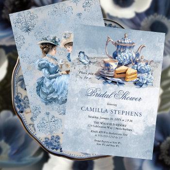 elegant blue floral tea set bridal shower tea invitation