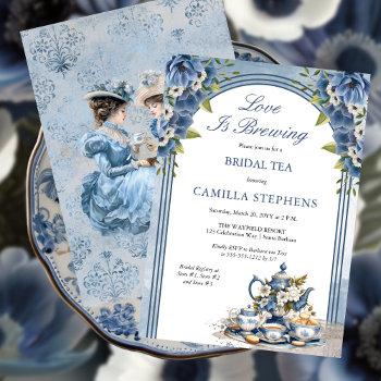 elegant blue floral tea set bridal tea shower invitation