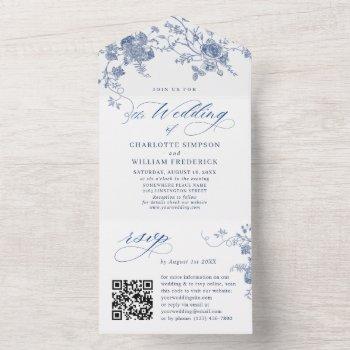 Small Elegant Blue France Garden Flowers Wedding Qr Code All In One Front View