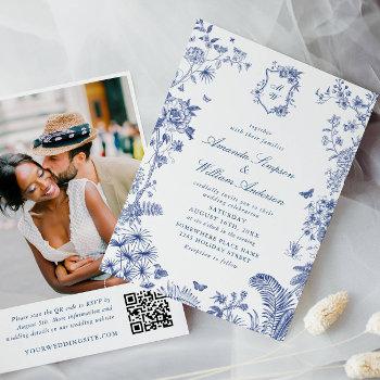 elegant blue french garden wedding photo qr code invitation