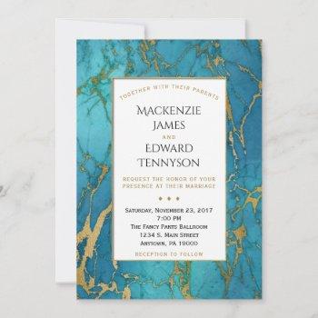 elegant blue gold marble wedding invitation