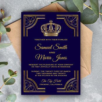 elegant blue gold ornate crown wedding invitation