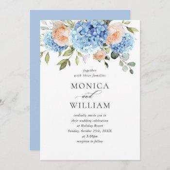 elegant blue hydrangea blush pink roses wedding invitation