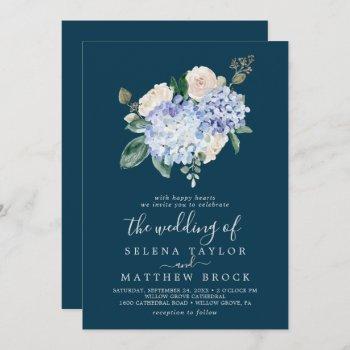 elegant blue hydrangea | navy all in one wedding invitation