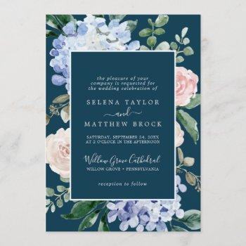 elegant blue hydrangea | navy formal wedding invitation
