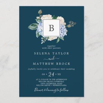 elegant blue hydrangea | navy monogram wedding invitation