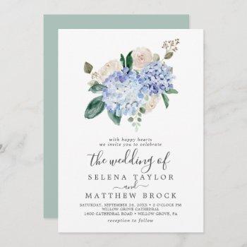 elegant blue hydrangea | white all in one wedding invitation