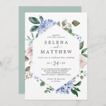elegant blue hydrangea | white casual wedding invitation