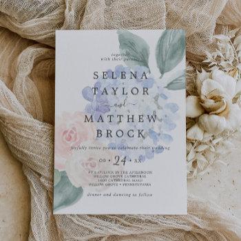 elegant blue hydrangea white faded floral wedding invitation