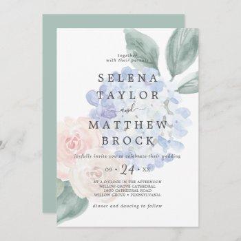 elegant blue hydrangea white faded floral wedding invitation