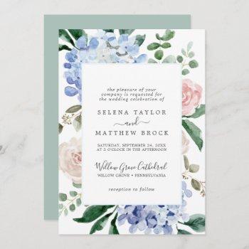 elegant blue hydrangea | white formal wedding invitation