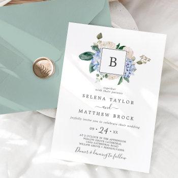 elegant blue hydrangea | white monogram wedding invitation