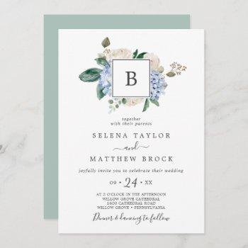 elegant blue hydrangea | white monogram wedding invitation