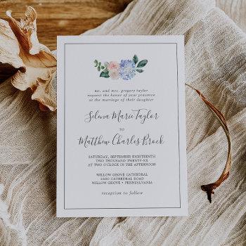 elegant blue hydrangea | white traditional wedding invitation