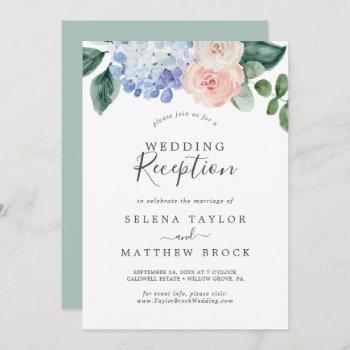 elegant blue hydrangea | white wedding reception invitation