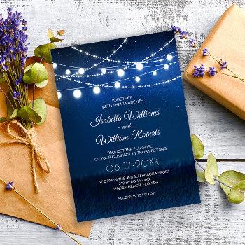 elegant blue night & silver string lights wedding invitation