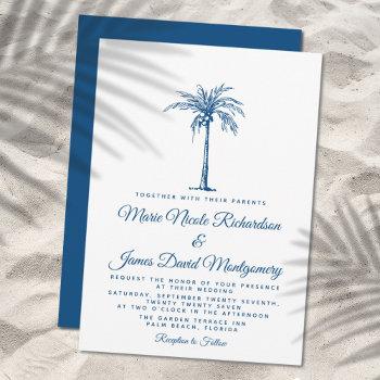 elegant blue palm formal beach wedding invitation