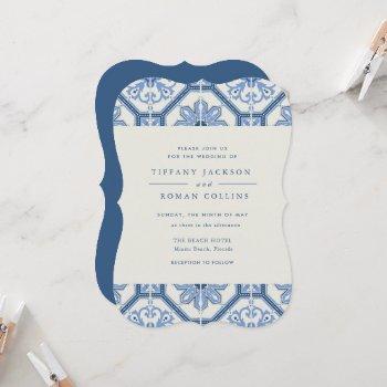 elegant blue spanish tile wedding invitation