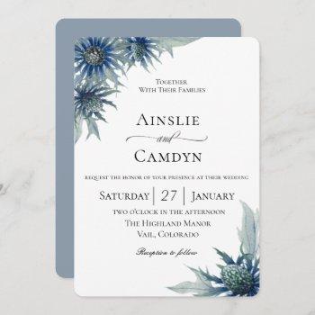 elegant blue thistle botanical wedding invitation