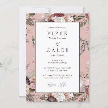 Small Elegant Blush Pink Burgundy Floral Wedding Invitat Front View