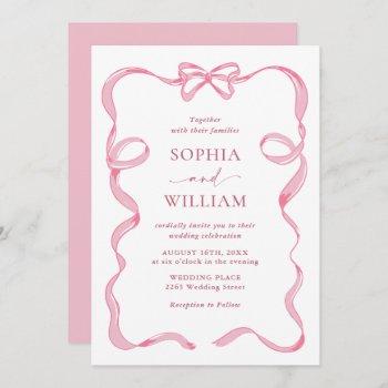 elegant blush pink hand drawn bow wedding invitation