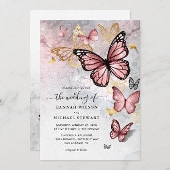 elegant blush pink rose gold butterfly wedding invitation