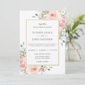 Small Elegant Blush Pink Roses Floral Gold Wedding Invi Front View